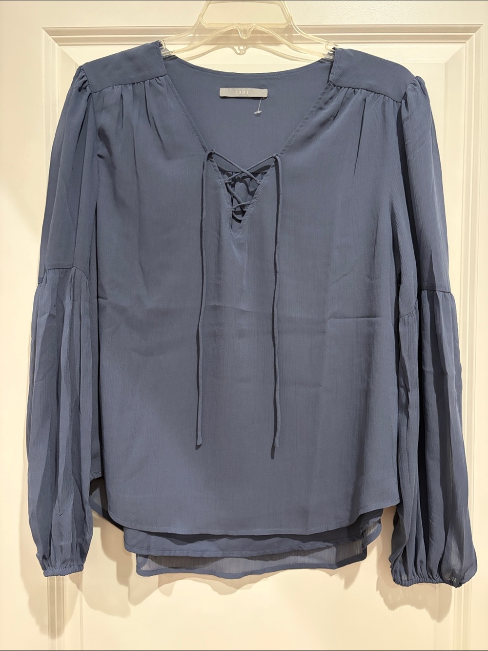 NWT Tart Dusty Blue Lace-Up Peasant Chiffon Feminine Blouse, L